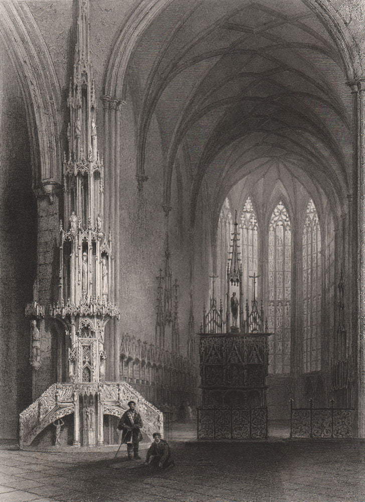 Interior of the cathedral at Ulm, Baden-Württemberg. Danube Donau. BARTLETT 1840